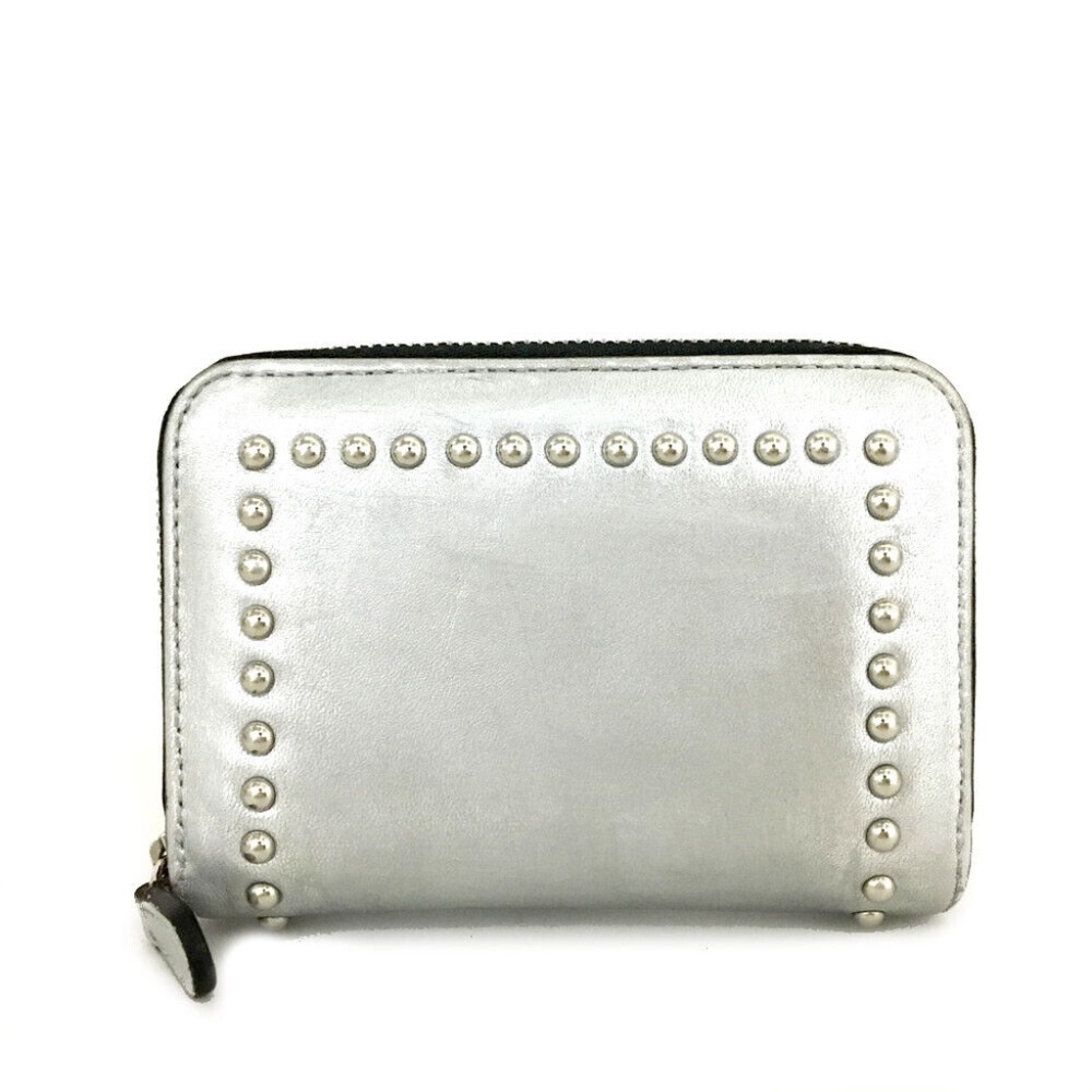 J&M Davidson SMALL ZIP AROUND PURSE WITH STUDS Leather Case Wallet Long Silver